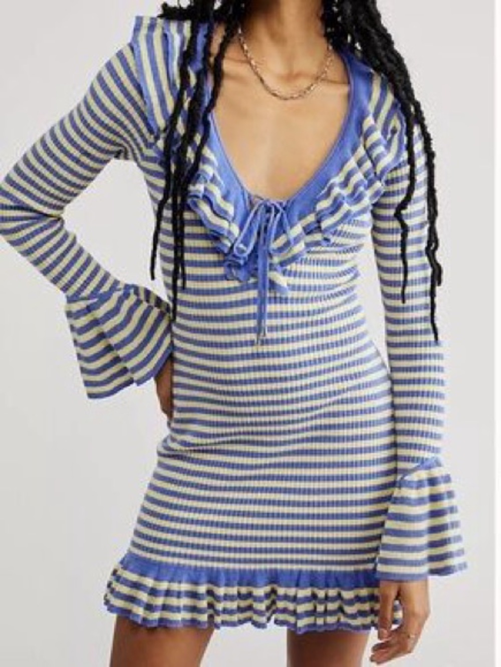 Free People Striped Ribbed Mini Dress in Blue and Yellow